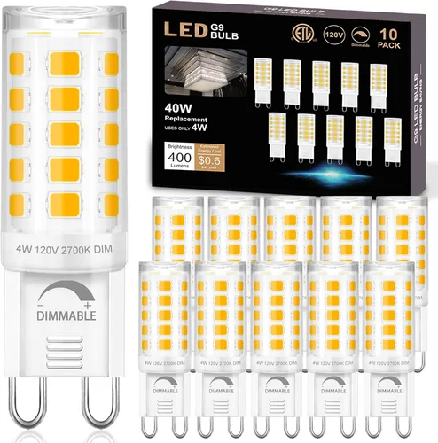 Winshine - Paquete de 10 bombillas LED regulables de 2700 K blanco suave, 4 W (reemplazo de bombilla halógena de 40 W) con casquillo G9, forma T4,