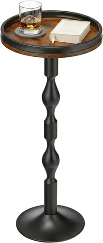 Mesa auxiliar redonda pequeña, mesa de bebidas con base pesada, mesa auxiliar de pedestal industrial de metal y madera con bandeja superior, mesa de