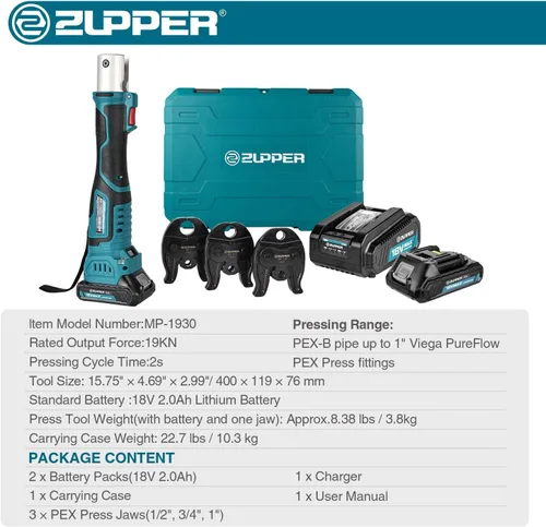 Miniatura 6 de ZUPPER Mini Kit de herramientas de prensa con 3 mandíbulas adecuado para accesorios de prensa PureFlow de 1/2", 3/4", 1", motor sin escobillas, 2