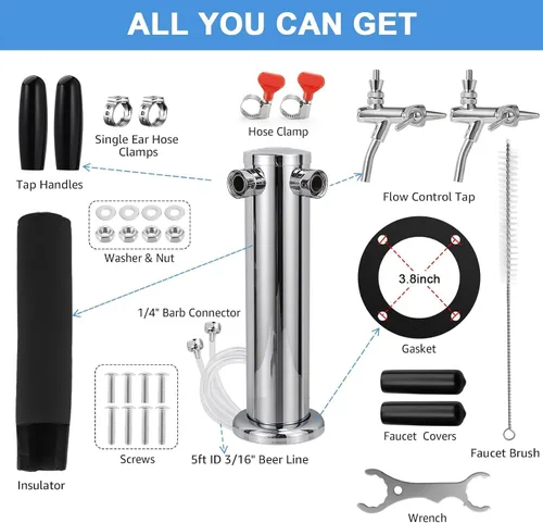 Miniatura 2 de Torre Kegerator de doble grifo ajustable Torre de cerveza de barril de cerveza premontada Torre de grifo de barril de cerveza de acero inoxidable