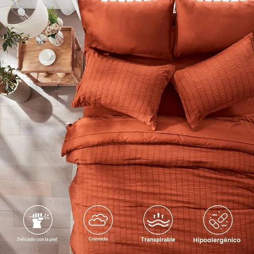 Miniatura 3 de Zzlpp Juego de edredón Queen de 7 piezas, ropa de cama de seersucker naranja quemado en una bolsa con sábanas, juegos de ropa de cama ligeros con 1