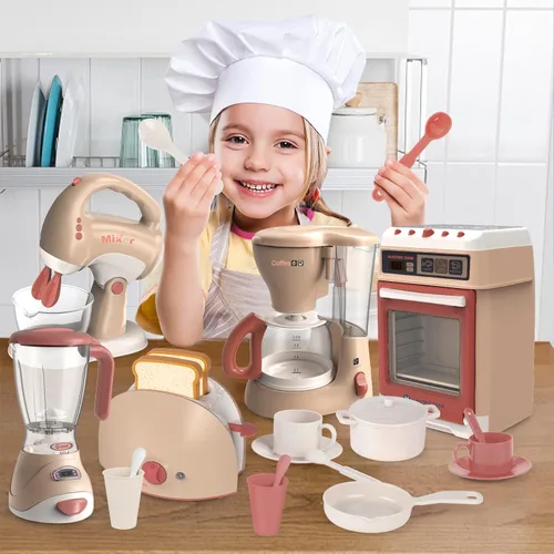 Miniatura 2 de Yalujumb Juego de juguetes de cocina, juego de electrodomésticos de cocina con cafetera, mezclador, tostadora con luces y sonidos realistas, regalo