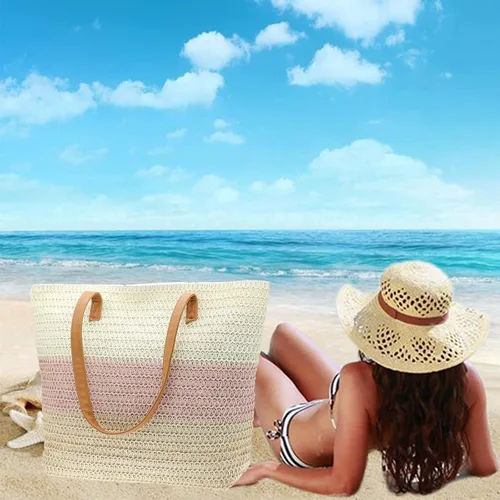 Miniatura 2 de Bolso grande de paja para mujer, tejido de ratán, bolso de playa de verano, a rayas