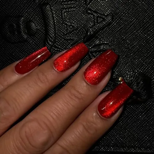 Miniatura 2 de KQueenest Uñas postizas largas a presión con diseño de ojo de gato, cuadradas, medianas, color rojo oscuro con purpurina, ataúd, uñas acrílicas a