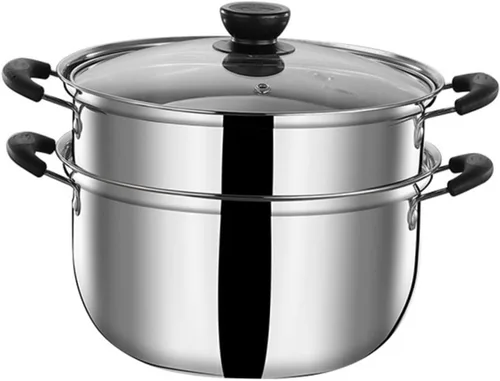 Kichvoe Olla de vapor de acero inoxidable de 2 niveles de inducción olla de 7.9 pulgadas con tapa para cocinar verduras al vapor albóndigas mariscos