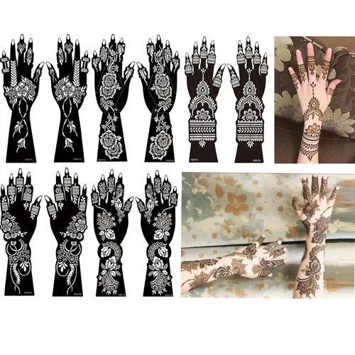 Miniatura 16 de 10 hojas de plantillas de tatuaje de henna 10 pares de plantillas de tatuaje temporal para brazo y mano Tatuajes indios árabes con purpurina Negro