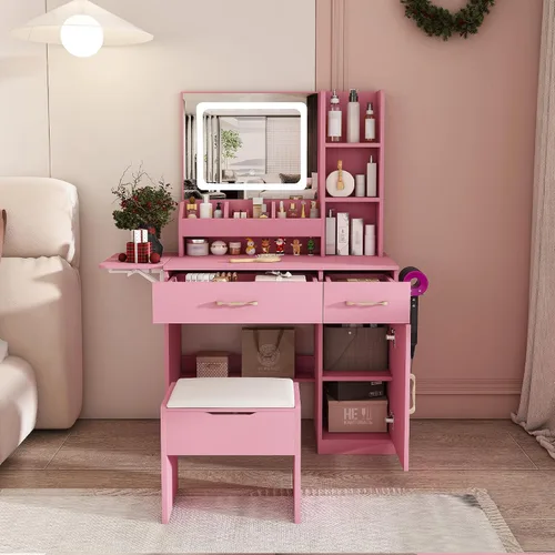 Miniatura 13 de Escritorio pequeño con espejo y luces, juego de tocador de maquillaje rosa con 2 cajones y taburete, tocador de maquillaje compacto para dormitorio
