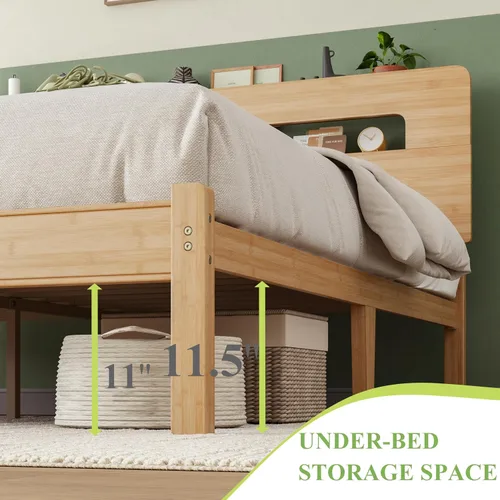Miniatura 6 de ZIYOO Marco de cama de madera de bambú maciza tamaño individual con cabecera de almacenamiento, marco de cama plataforma de 14 pulgadas