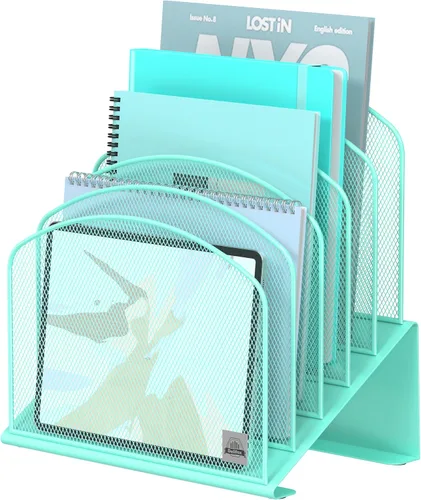 Delifox Organizador de escritorio inclinado, soporte de archivos de 5 secciones con bandeja vertical para carpetas, estante de metal clasificador de