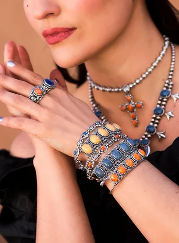 Miniatura 56 de American West Jewelry Pulsera de plata de ley con piedras preciosas de eslabones de concha, tallas pequeñas a grandes
