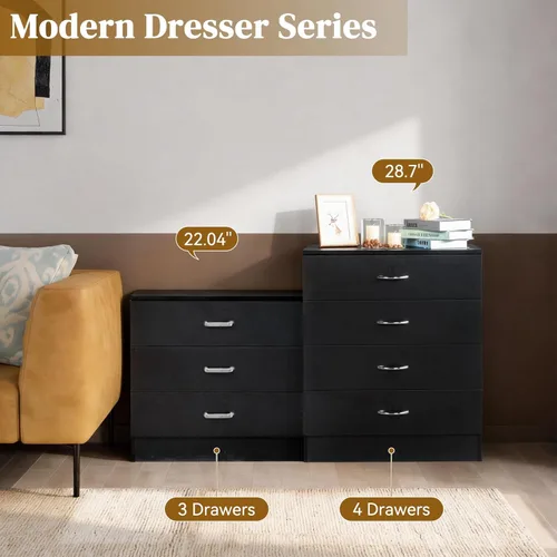 Miniatura 7 de Karl home Cómoda negra de 4 cajones para dormitorio, cómoda moderna de almacenamiento con cajones, mesa auxiliar de madera, mesa de noche, sala