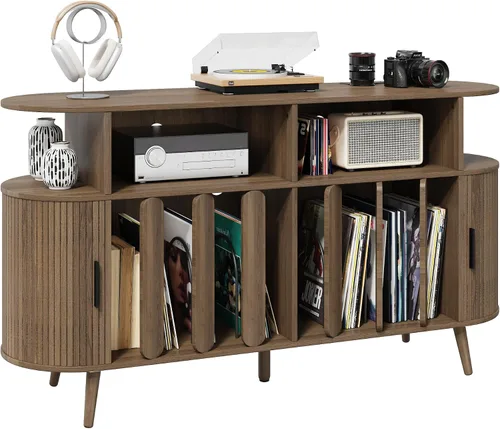 Miniatura 10 de Soporte grande para tocadiscos de 35.5 pulgadas con estación de carga, gabinete de almacenamiento de discos de vinilo, moderno soporte