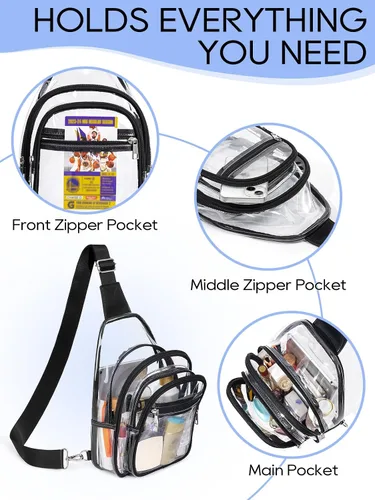 Miniatura 5 de Bolsa transparente de 3 bolsillos para eventos de estadio, mochila cruzada grande transparente, riñonera para conciertos para mujeres y hombres