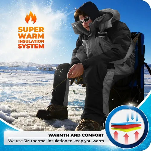 Miniatura 3 de WindRider Traje de pesca en hielo, baberos aislados y chaqueta flotación toneladas de bolsillos Equipo impermeable para pesca en hielo y motos
