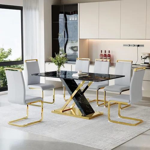 Miniatura 12 de YUNDREAM - Juego de mesa de comedor moderna de mármol para 4, mesa de comedor de oro negro de 63 pulgadas con marco cromado en forma de X y sillas