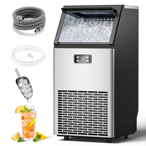 COWSAR Máquina de hielo comercial, máquina de hielo de acero inoxidable de 100 libras/24 horas con capacidad de almacenamiento de 33 libras, máquina