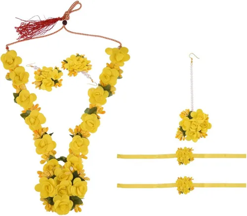 Miniatura 5 de Efulgenz Haldi Mehandi Flower Jewelry Set Indian Wedding Handmade Faux Roses Long Necklace Earrings Maang Tikka Bracelet Set Bridal Jewelry for