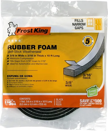 Frost King R338H Sello de intemperie de espuma de goma autoadhesivo, 3/8"A, 3/16"G, Negro|Negros