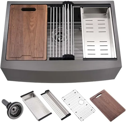 Fregadero negro de 33 pulgadas para cocina de 33 x 21 pulgadas, fregadero de cocina de acero inoxidable negro, estación de trabajo, fregadero