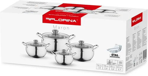 Miniatura 6 de FLORINA Maron - Juego de ollas de cocina de 8 piezas, hechas de acero inoxidable de alta calidad, ollas con tapa de vidrio y taza medidora, aptas