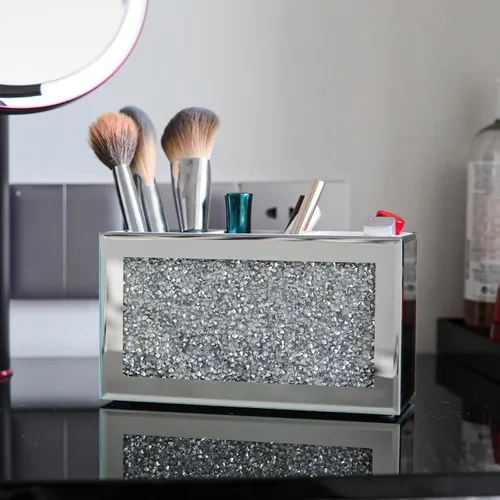 Miniatura 5 de Organizador de brochas de maquillaje plateado, brillante con 3 ranuras de cristal de diamante triturado con espejo de cepillos cosméticos