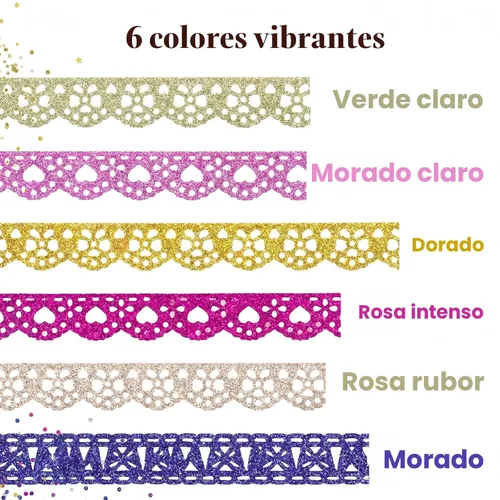 Miniatura 2 de SallyFashion Juego de cintas washi decorativas, 6 rollos de cinta Washi de encaje con purpurina para suministros de fabricación de tarjetas