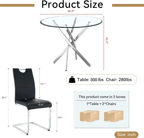 Miniatura 3 de Juego de mesa redonda de comedor para 2, juego de mesa de comedor de 3 piezas con mesa de comedor de vidrio plateado de 36 pulgadas y 2 sillas
