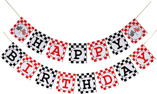 Miniatura 9 de Cartel de cumpleaños de coche de carreras, pancarta de feliz cumpleaños a cuadros, decoraciones de fiesta de autos de carreras, fiesta temática