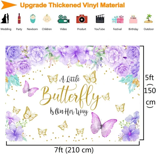 Miniatura 5 de Telón de fondo morado floral de mariposa para baby shower, lavanda con texto en inglés "A Little Butterfly is On The Way", telón de fondo