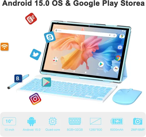 Miniatura 4 de Tablet Android 15 de 10 pulgadas con lápiz capacitivo para teclado, 8 GB de RAM 2 en 1 Tableta, incluye mouse y funda protectora, batería de 6000