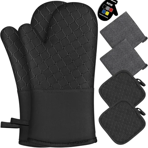 Miniatura 10 de 6 guantes de horno y soportes para ollas, resistentes al calor de 500 ℉ con toallas de cocina, forro de algodón suave y superficie de silicona Gris