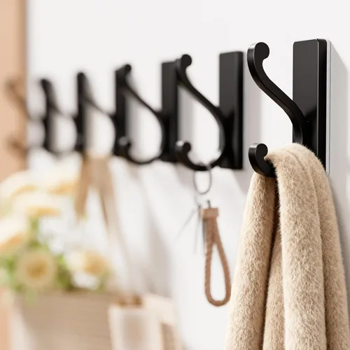 Miniatura 2 de Ganchos de Pared Negros para Abrigos, Paquete de 6 Ganchos Autoadhesivos de Montaje en Pared para Ropa, Toallas, Llaves, Cartera, Mochila, Bolsa