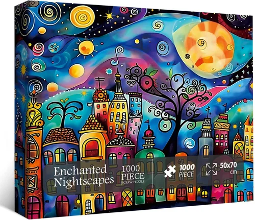 Miniatura 2 de Rompecabezas de casas coloridas para adultos de 1000 piezas, rompecabezas de paisaje nocturno de pueblo, rompecabezas abstracto de cielo estrellado