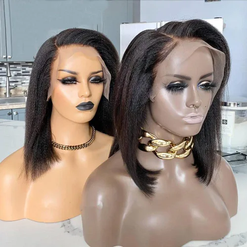 Miniatura 3 de QUINLUX - Pelucas de cabello humano corto estilo Bob italiano Yaki de 13 x 6 pulgadas con encaje frontal para mujeres negras, densidad 150, pelucas