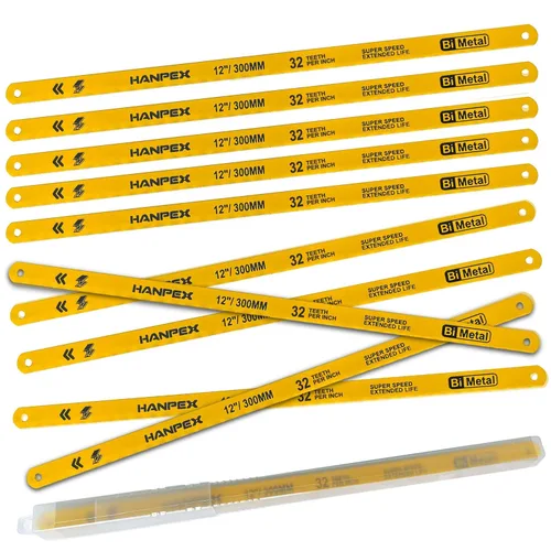Hanpex Hojas de repuesto para sierra para metales (paquete de 10) de alta velocidad 32 TPI - Hoja de sierra de 12 pulgadas de longitud - Cuchillas