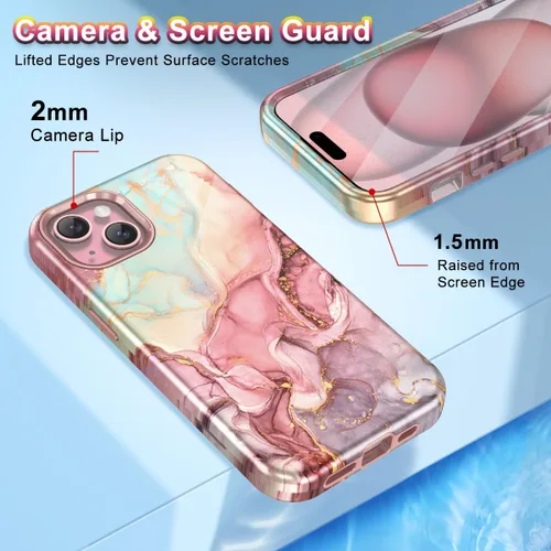Miniatura 4 de Btscase Funda para iPhone 15 de 6.1 pulgadas (2023), patrón de mármol 3 en 1, resistente a prueba de golpes, cuerpo completo, policarbonato