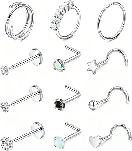 Miniatura 28 de Nose Rings Hoop and Nose Studs Sets for Women Men,Hypoallergenic 316L Surgical Stainless Steel Hinged Clicker Segment Nose Rings Hoop Helix
