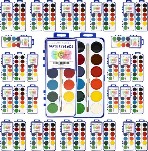 Miniatura 5 de Juego de pintura de acuarela de 12 colores con pinceles de madera, lavable y no tóxico, ideal para niños, estudiantes y actividades en el aula
