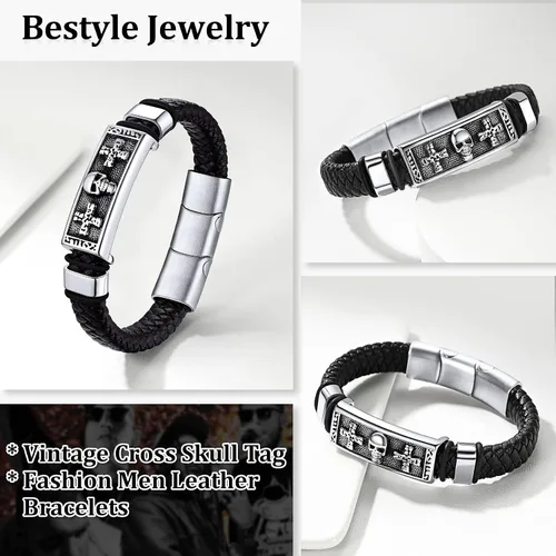 Miniatura 4 de Bestyle Pulseras vikingas trenzadas de cuero genuino para hombres y niños, pulseras vintage de martillo de Thorcalaveramasónico masón con cierre,