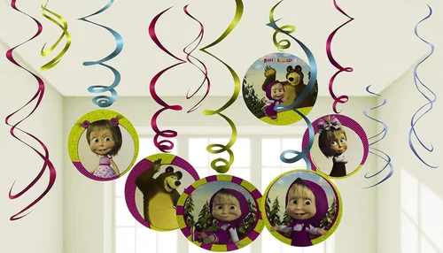 Masha and The Bear - Decoración colgante para fiesta de cumpleaños, paquete de 12 remolinos surtidos Masha y el OSO