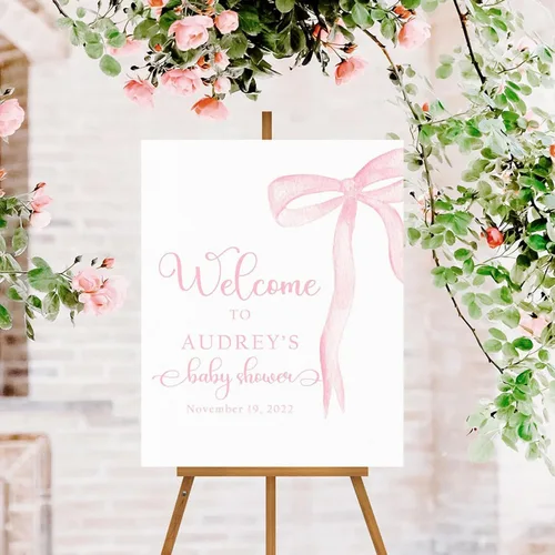 Miniatura 15 de Letrero de bienvenida personalizado con lazo rosa, editable imprimible para fiesta de bebé, letrero de baby shower con lazo rosa #12 Baby Shower #12