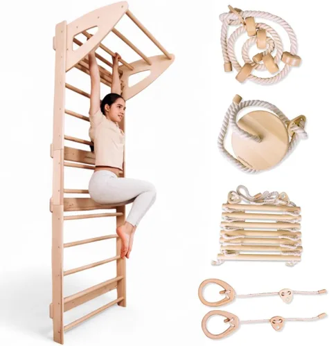 Miniatura 10 de Escalera sueca para niños para juegos activos en interiores, barra de dominadas ajustable, escalera de cuerda, anillos de gimnasia, cuerda