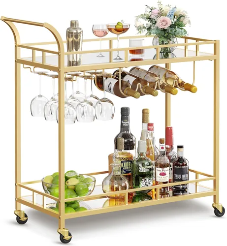 Miniatura 13 de VASAGLE Carrito de bar negro, carrito de servicio para bar en casa, carrito de vino con 2 estantes espejados, soportes para vino, soportes