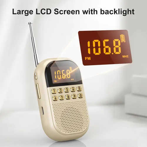 Miniatura 8 de Radio AM FM de bolsillo: radio recargable de 1100 mAh compatible con Bluetooth, mini receptor FM AM con altavoz grande, auriculares estéreo, Beige