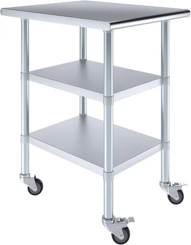 Miniatura 35 de AmGood Mesa de trabajo de acero inoxidable con 2 estantes y ruedas Mesa de trabajo de metal con ruedas