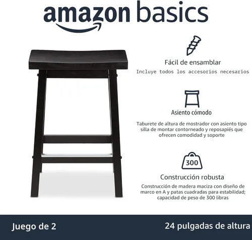 Miniatura 3 de Amazon Basics Taburetes de bar de madera maciza para isla de cocina con reposapiés, 24 pulgadas de altura, negro, juego de 2