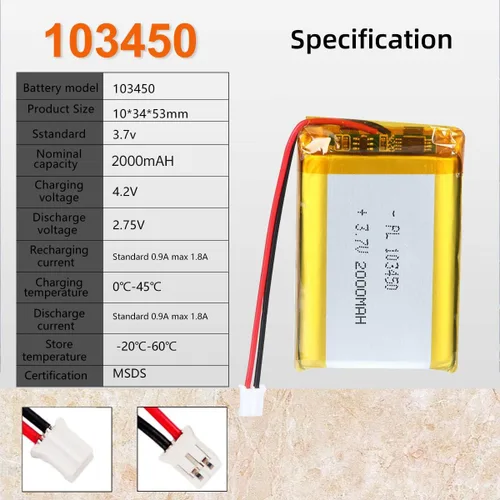 Miniatura 3 de 3.7V 2000mAh Batería 103450 Li-ion Li-ion recargable Li-ion Li-Po Batería con 2P PH 0.079 in Pitch Connector