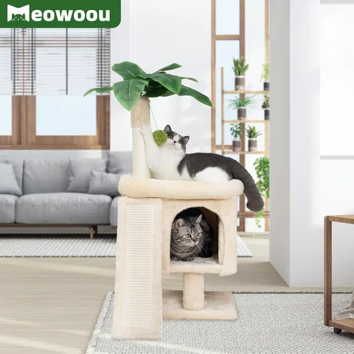 Miniatura 6 de Meowoou Torre de palmera para gatos de interior con acogedor condominio para gatos, postes rascadores de sisal natural de 33 pulgadas y pompón