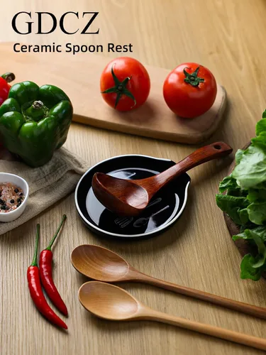 Miniatura 5 de GDCZ - Soporte de cuchara de cerámica de 5 pulgadas para encimera de cocina y estufa (negro, 1) 5 Inch Round Spoon Rest, Grooved Slot, Keeps