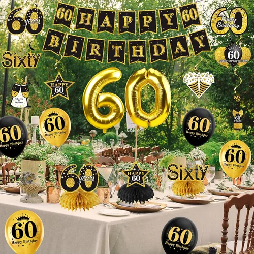 Miniatura 6 de Turypaty Kit de 36 decoraciones de cumpleaños 60 para hombres y mujeres, globos de feliz cumpleaños de 60 años de color negro y dorado con diseño